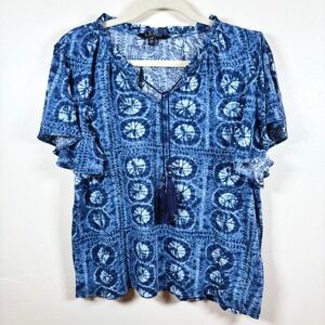 Lauren Ralph Lauren Blue Tie-Dye Print Short Sleeve Blouse